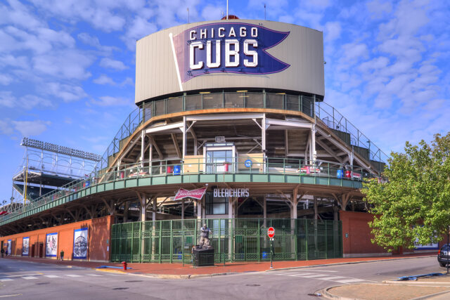 View of Wrigley Field with blue skies and light cloud spotting