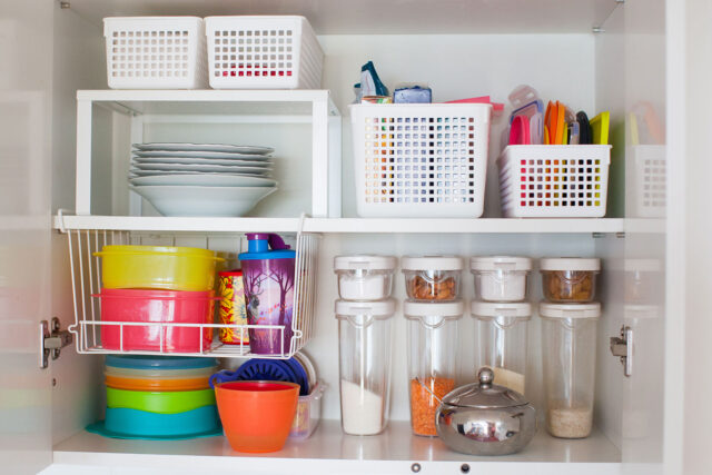 Pantry Organizers various colors, shapes and sizes.
