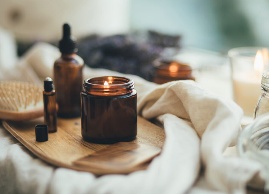 Candles essential oils and towels