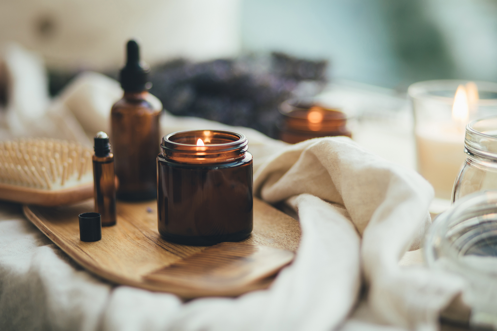 Candles essential oils and towels