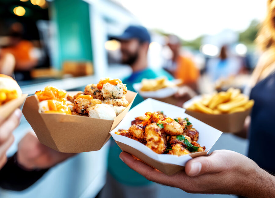 Two people holding containers of food at a street festival