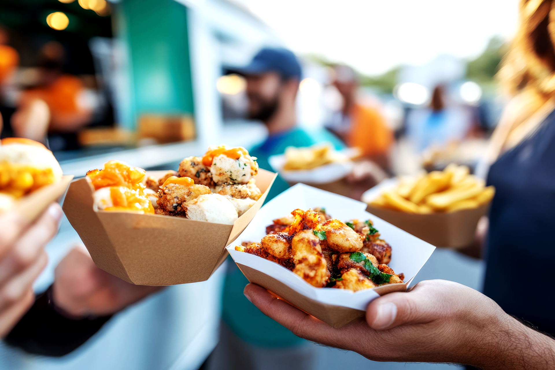 Two people holding containers of food at a street festival